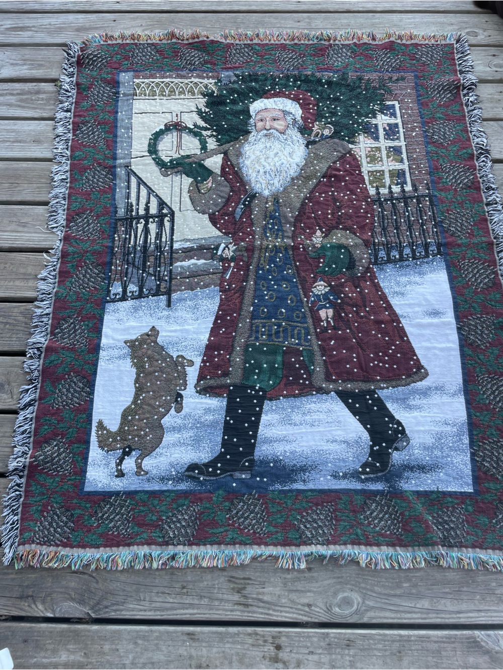 Vintage Chatham Tapestry Saint Nicholas Santa Knit Throw Blanket 100% Cotton
